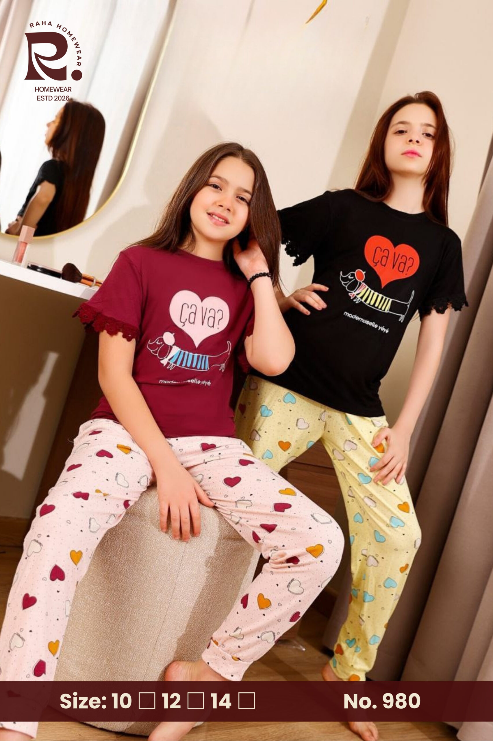 Raha Girls "Ça Va Dachshund" 2-Piece Ruffle-Sleeve Pyjama Set 980